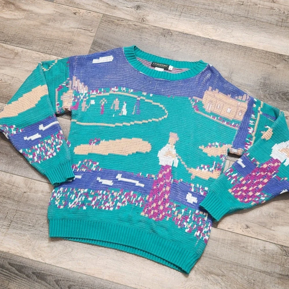 Linksport Golf Course Sweater Mens Medium Teal Vintage 90s USA Intarsia Good